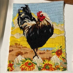 Colorful vintage Rooster and sunflower latch hook Art
